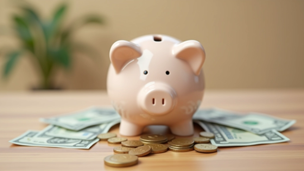 Piggy bank with coins and dollar bills arranged nearby