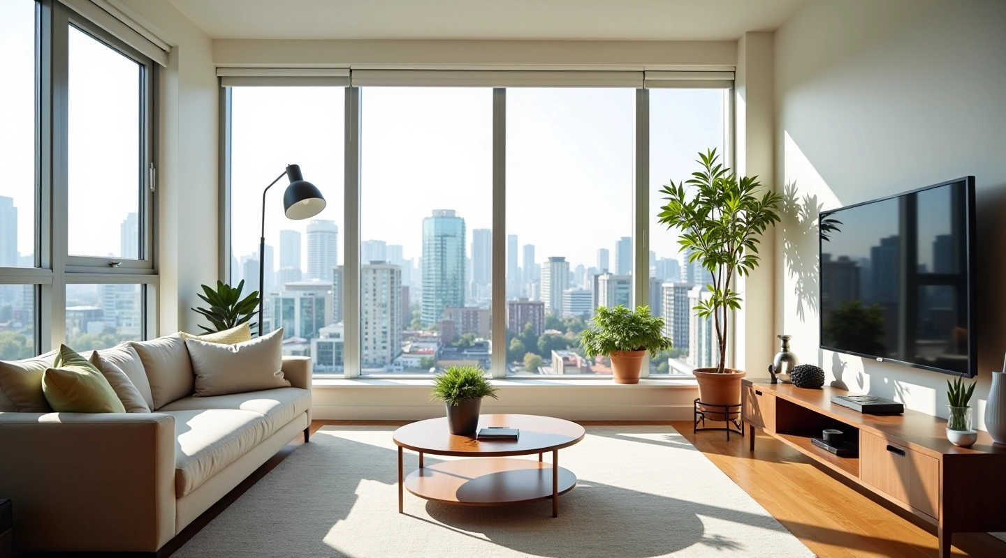 Modern apartment living room with furniture and natural lighting