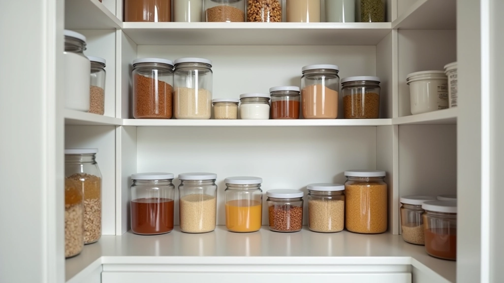 Organized pantry shelves with labeled containers and non-perishable foods