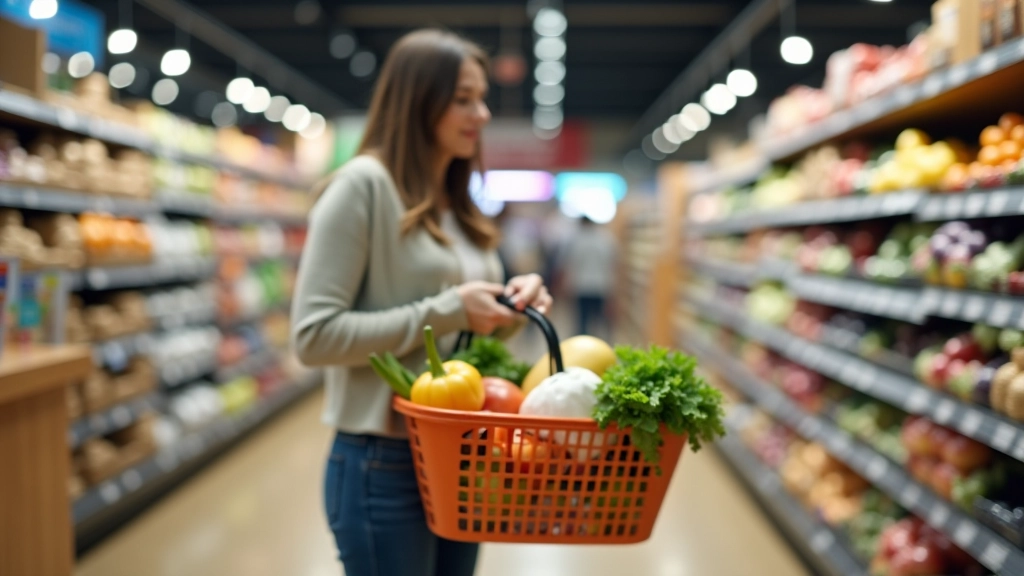 Person shopping in grocery store pushing cart through produce section