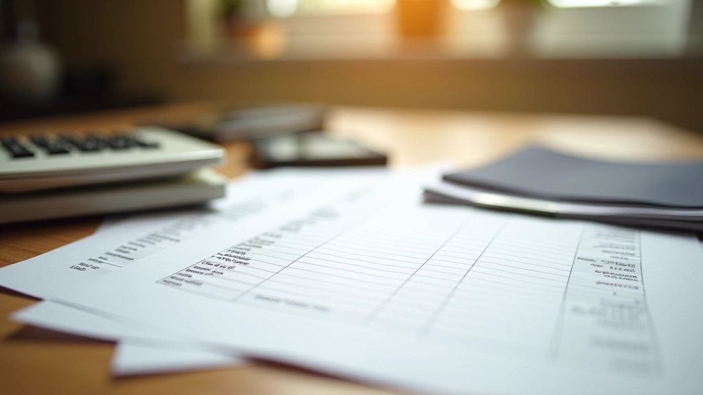 Utility bills and budget notebook on kitchen counter with calculator